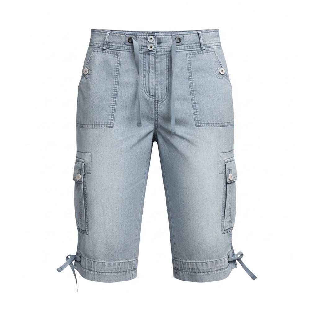 Westbound Petites Light Wash Denim Cargo Capri Shorts Womens 12P Drawstring Blue